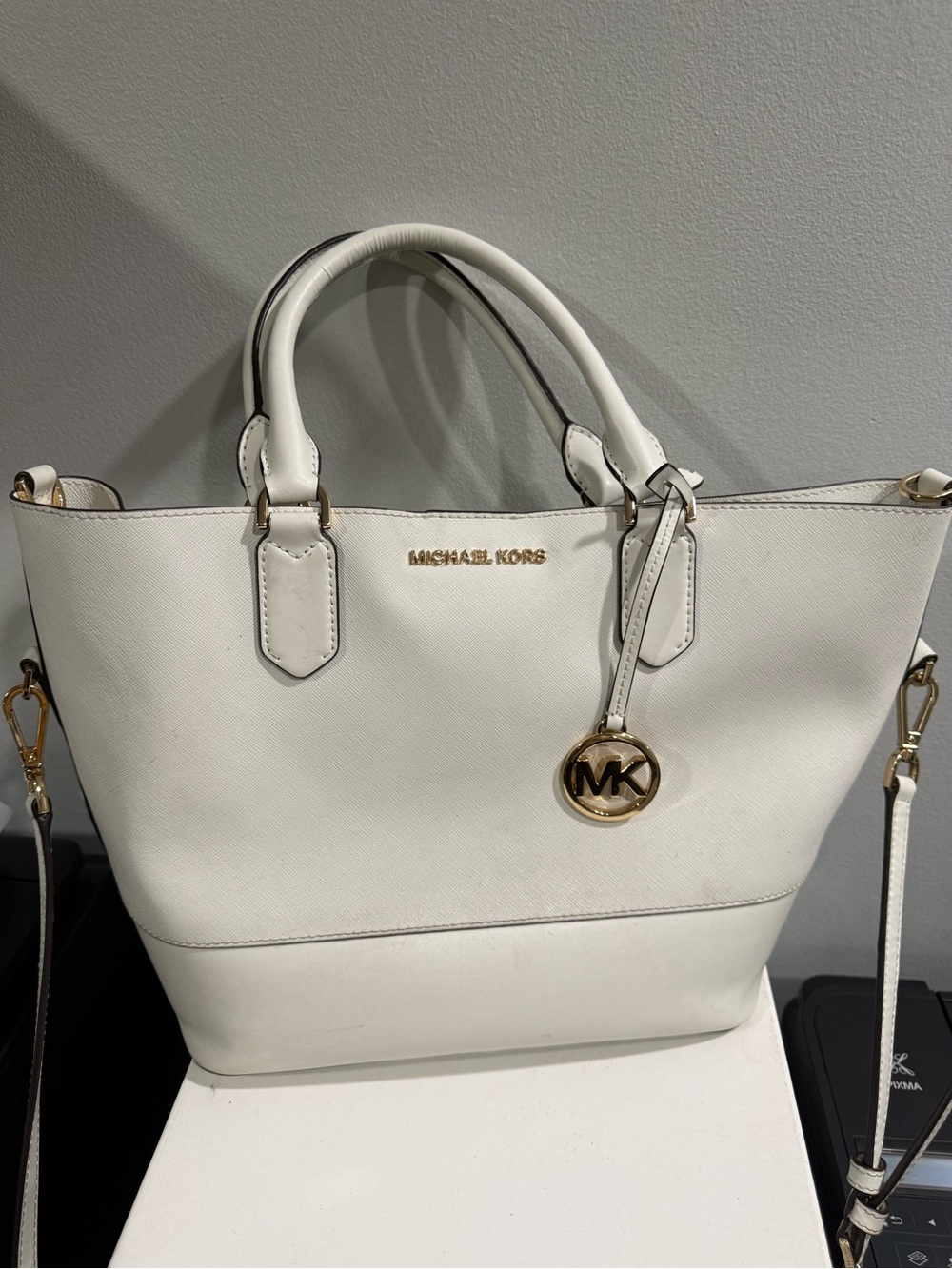 Michael Kors White Saffiano Tote with Gold Logo Charm